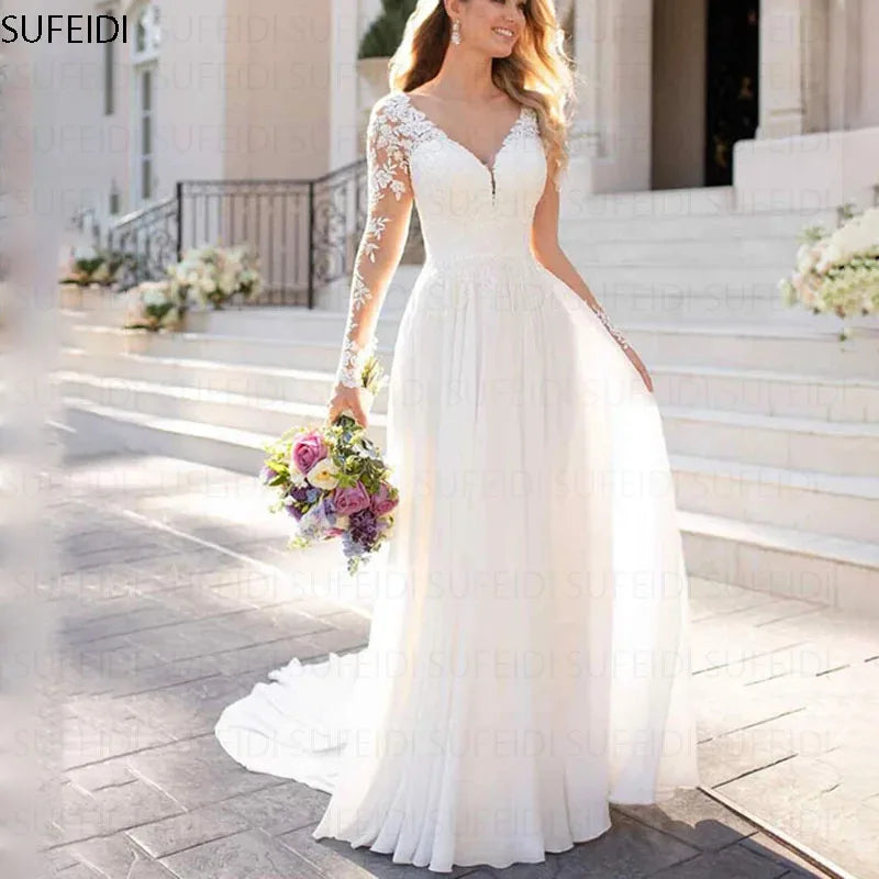 Robe de Mariée Bohème Dentelle Manche Longue